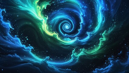 Cosmic blue and green swirls with swirling particles resembling deep space dust