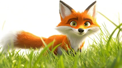 Playful Animated Fox Cub Standing in Lush Green Grass Field under Bright Sunlight