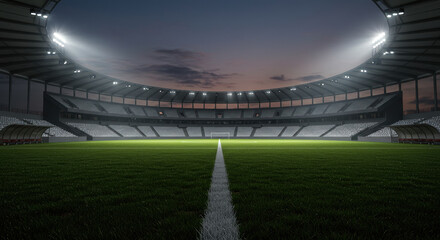 A modern grass playground stadium evening floodlight illumination zoom out, football stadium sport advertisement background.