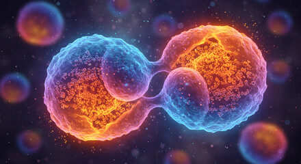Fototapeta premium Glowing Microscopic Cell Division in Blue and Orange Biology and Scientific Research