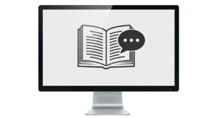 Isolated Computer Monitor Displaying Open Book with Speech Bubble, Online Learning Concept