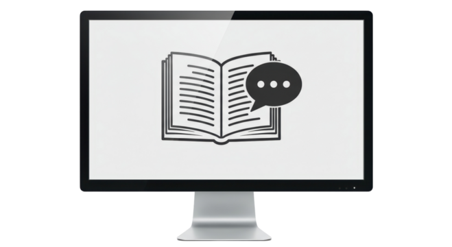 Isolated Computer Monitor Displaying Open Book with Speech Bubble, Online Learning Concept