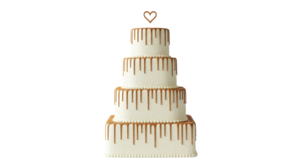 Isolated Layered Wedding Cake with Heart Topper and Caramel Drizzle
