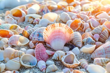 Sunlit seashells scattered on a sandy beach, colors of white, pink, and blue