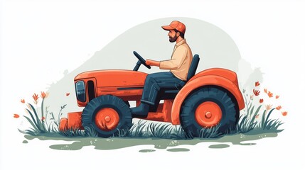 Obraz premium A farmer drives an orange tractor through a grassy field