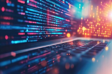 Vibrant digital landscape with laptop showcasing data and coding patterns during nighttime