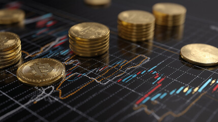 Business and financial stock market, Economic graph with diagrams, bitcoin and cryptocurrency, Futures, Business investment and stock trading on dark background - Generated by Generative A