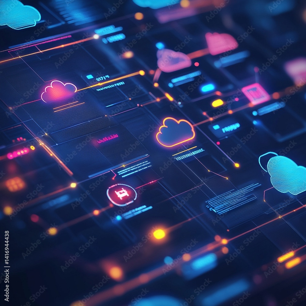 Poster abstract digital network technology cloud computing data interface web neon glow dark blue pink