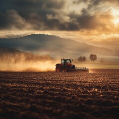 Fototapeta premium Tractor ploughs a field during a hazy atmospheric golden sunset