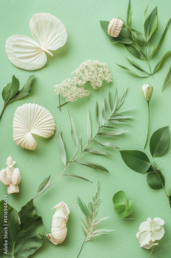 Aufkleber natural elements arranged on green background showcasing various types of leaves and shells for arti