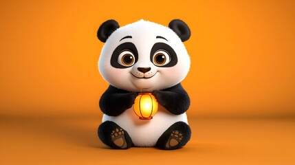 Naklejka premium Adorable Fluffy Cartoon Panda Holding Glowing Orb on Orange Background