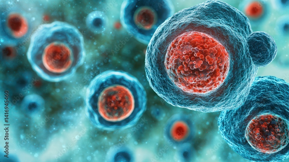 Aufkleber microscopic view of cells in abstract blue and red colorful environment with intricate details of nu