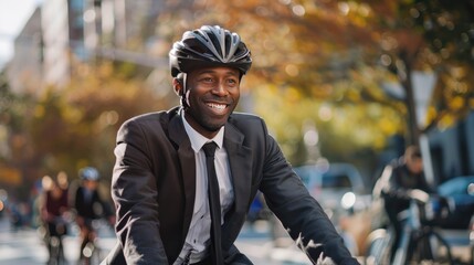 Enthusiastic african american businessman commuting to work by bicycle