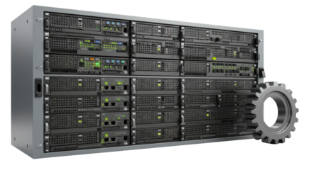 Isolated Server Racks with Cog Wheel Symbolizing Data Processing