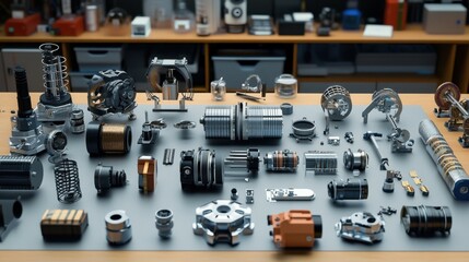 Transmission systems laid out for testing on a steel table in a research lab