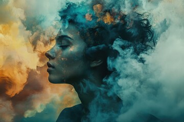 Ethereal silhouette of a woman amidst colorful smoke in a surreal atmosphere
