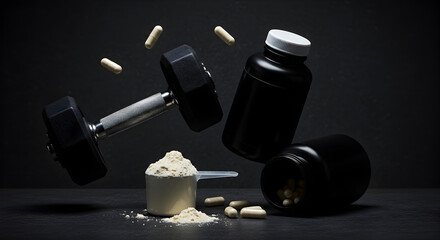 Naklejka na ściany i meble Dumbbell and Nutritional Supplements with Protein Powder Capsules in a Dark Studio Setting