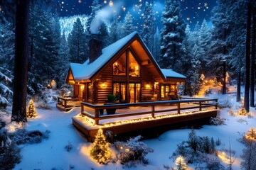 A warm, glowing cabin nestled in a snowy forest. Generative AI