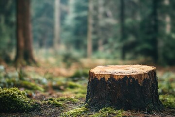 Obraz premium Tree stump in lush forest clearing with moss and tall trees