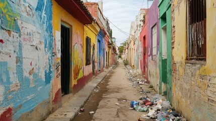 Fototapeta premium Colorful alleyway with graffiti and trash