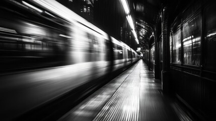 Fototapeta premium Subway train rushing through the station in monochrome tones
