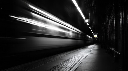 Fototapeta premium Blurry train speeds through dark subway station showing motion