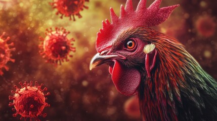 Rooster surrounded by virus illustrations in a surreal representation of health and disease dynamics