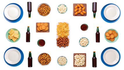 A vibrant spread of game day snacks and drinks, perfect for a lively gathering with friends, featuring crisp pretzels, cheese, and bubbly beer bottles in a symmetrical arrangement.