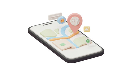 Isolated Smartphone with Restaurant Location Pin on Navigation App