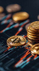 Business and financial stock market, Economic graph with diagrams, bitcoin and cryptocurrency, Futures, Business investment and stock trading on dark background - Generated by Generative A