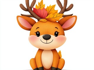Obraz premium An adorable cartoon baby deer fawn sits happily with autumn leaves adorning its antlers in a charming autumnal illustration perfect for fall-themed designs and children's books.