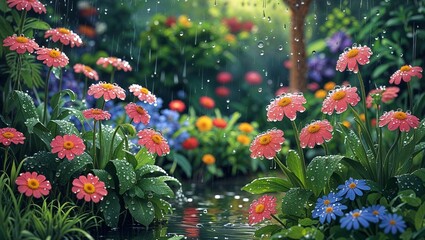 Naklejka premium Garden with raindrops glistening on flowers