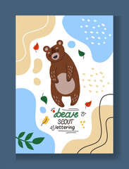 Camp poster. Cartoon forest bear. Hiking travel. Adventure journey. Abstract spots and lines. Color tree leaves. Wild mammal. Scouts vacation. Grizzly wildlife. Nature explore. Vector tourism card