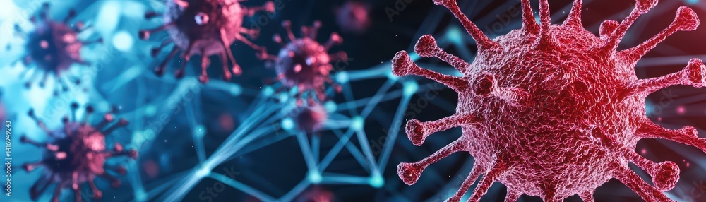 Poster close-up of colorful virus particles on abstract background