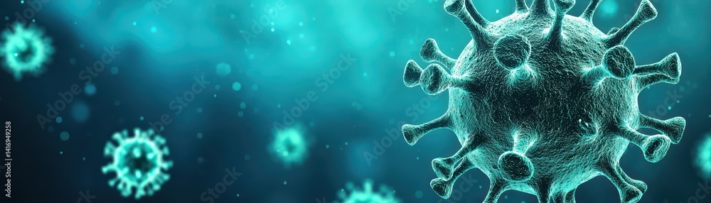 Poster close-up view of viruses under microscope with blue background