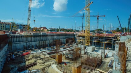 Active construction site with cranes and unfinished building under blue sky