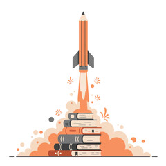 Fototapeta premium Illustration of a pencil rocket launching from a stack of books symbolizing creativity and knowledge taking off in an educational setting
