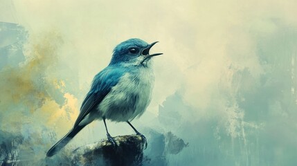 Fototapeta premium Serene Bluebird's Song: A Misty Watercolor Painting