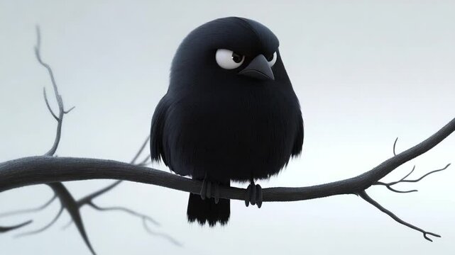Animated Bird Perched on a Branch with a Grumpy Expression and Minimalist Background