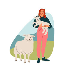Livestock farm. Agriculture worker with sheep. Farmer care of lamb. Village nature. Domestic animals grazing at meadow. Rural ranch. Wool mammal. Woman farmer at farmyard. Vector husbandry concept