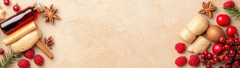 Rustic kitchen table with baking ingredients and fresh berries