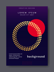 Abstract poster. Geometric circle with gold dots pattern. Contemporary art brochure. Graphic round flat shape. Creative graphic background Modern color flyer. Book cover. Vector banner design template
