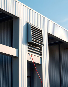 Expansive industrial warehouse with gleaming corrugated aluminum walls and efficient louver vents, bold crimson cables weaving into the building under a radiant azure sky, framed in a striking angul