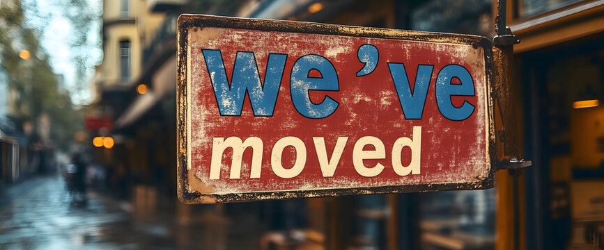 Rustic Sign with 'We've Moved' in Urban Setting