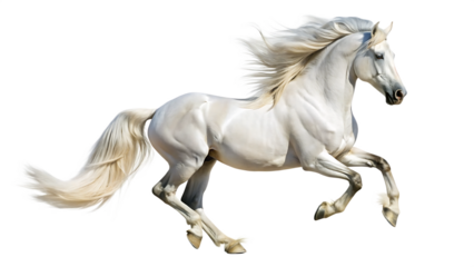 Powerful Dapple Gray or White Horse Galloping with Majestic Flowing Mane, isolated on a white background, cutout, PNG