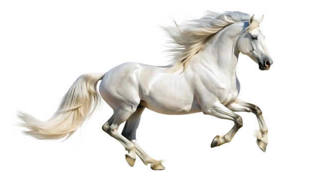 Powerful Dapple Gray or White Horse Galloping with Majestic Flowing Mane, isolated on a white background, cutout, PNG