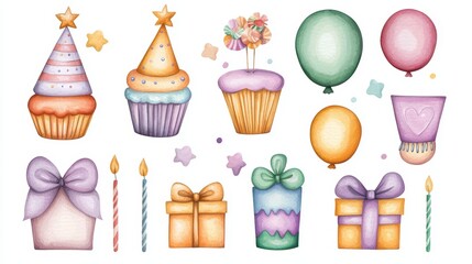 Colorful party elements with cupcakes, balloons, and decorations