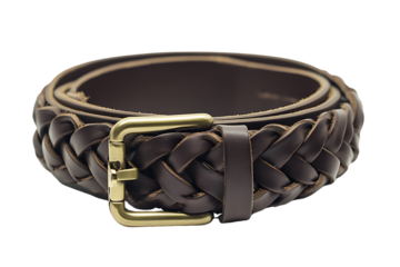 Braided Dark Brown Leather Belt with Brass Buckle, Coiled on White.