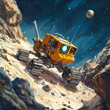 Exploring alien terrain robotic exploration on a distant planet digital art outer space sci-fi perspective