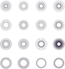 Vintage sunburst set. Bursting rays sunrise firework starburst blast, Radiant Spark. Rays. Geometric Design Elements. Retro radiant sunburst, starburst hand drawn label, sun rays.